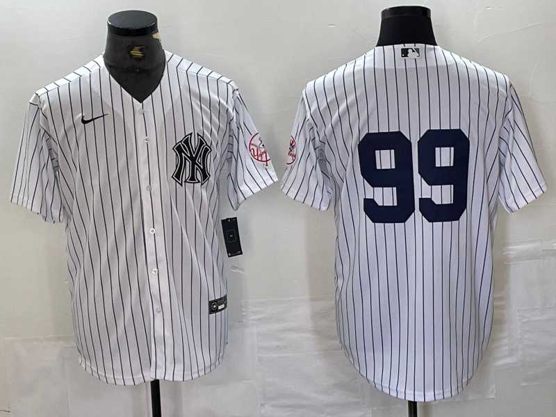 Mens New York Yankees #99 Aaron Judge White With Patch 2024 Cool Base Stitched Jersey